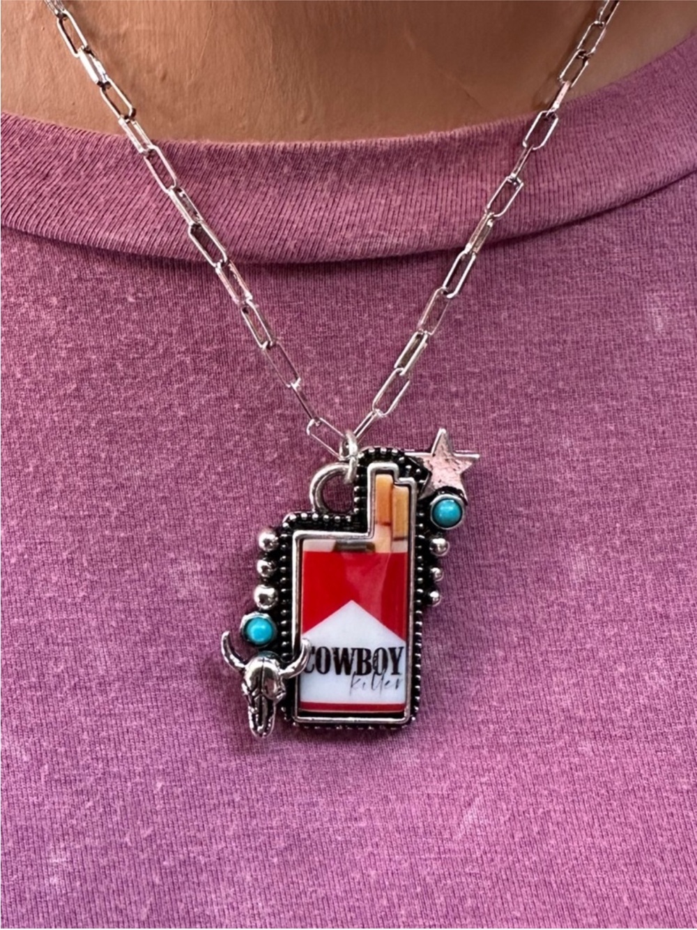 Marlboro style western charm necklace on paperclip chain